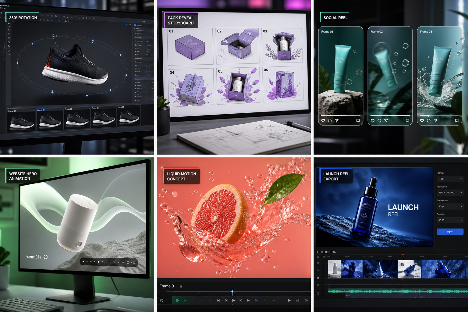 Modern product animation storyboard and motion graphics frames by Y Not Tony Design Studio