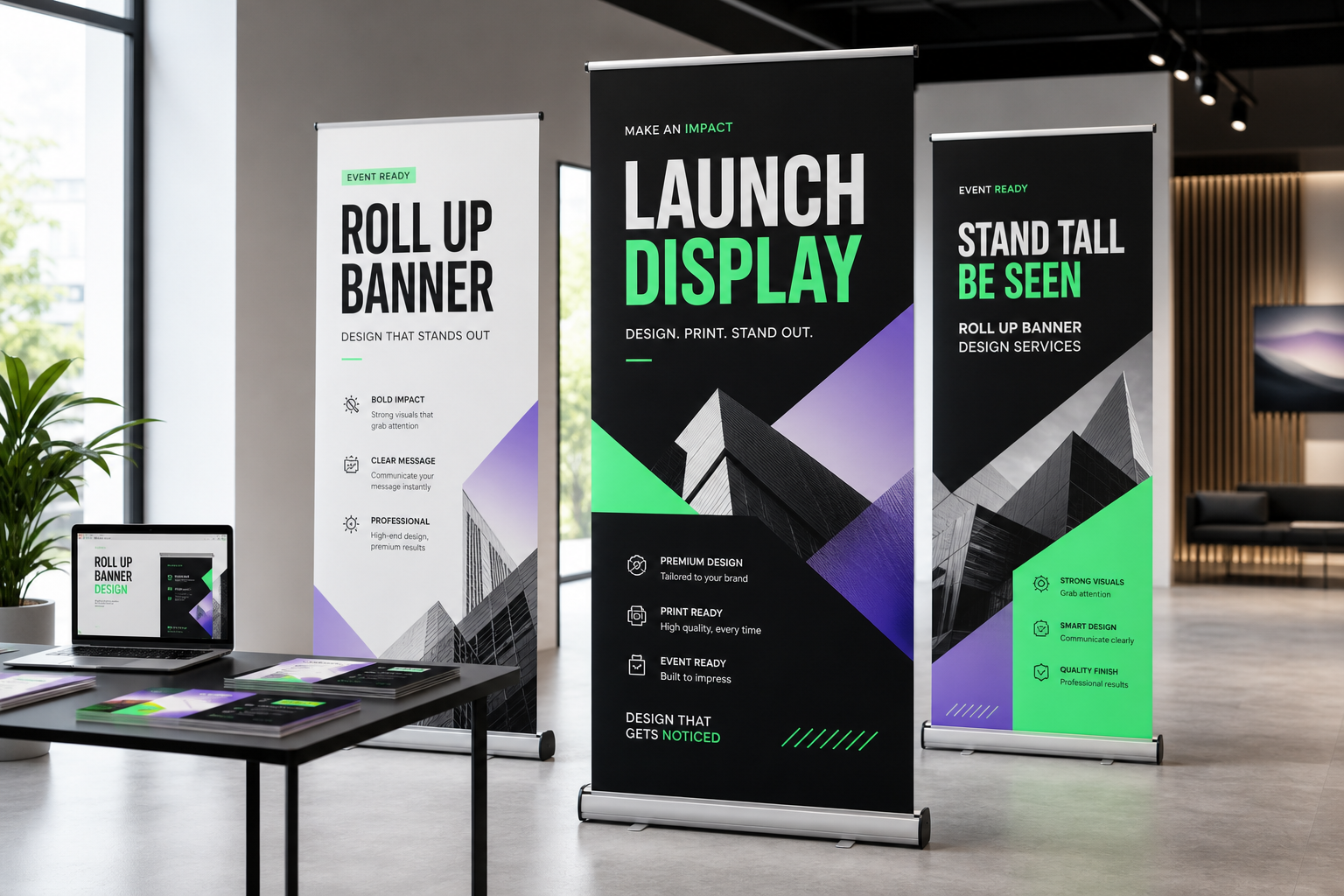 Professional roll up banner design mockup showing launch display banners for events, retail displays and trade show stands
