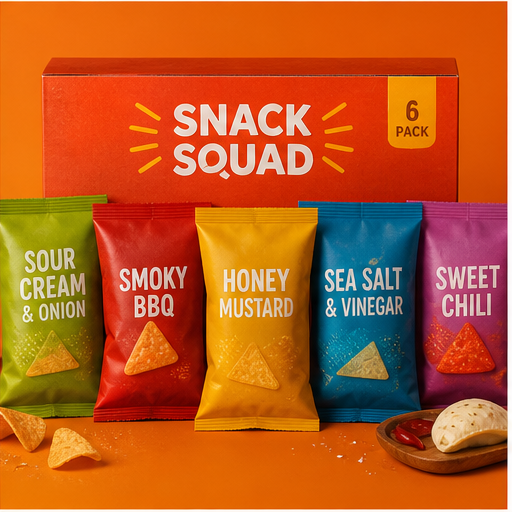 Multi-flavour snack ranges visual for Snack packaging design by Y Not Tony Design Studio