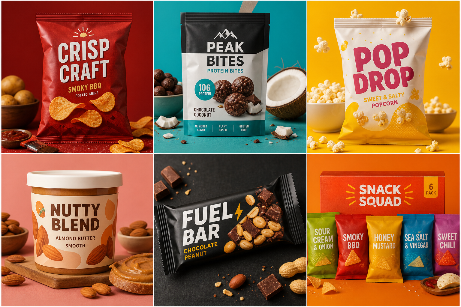 Modern snack packaging design mockups for pouches, crisp bags and snack ranges by Y Not Tony Design Studio