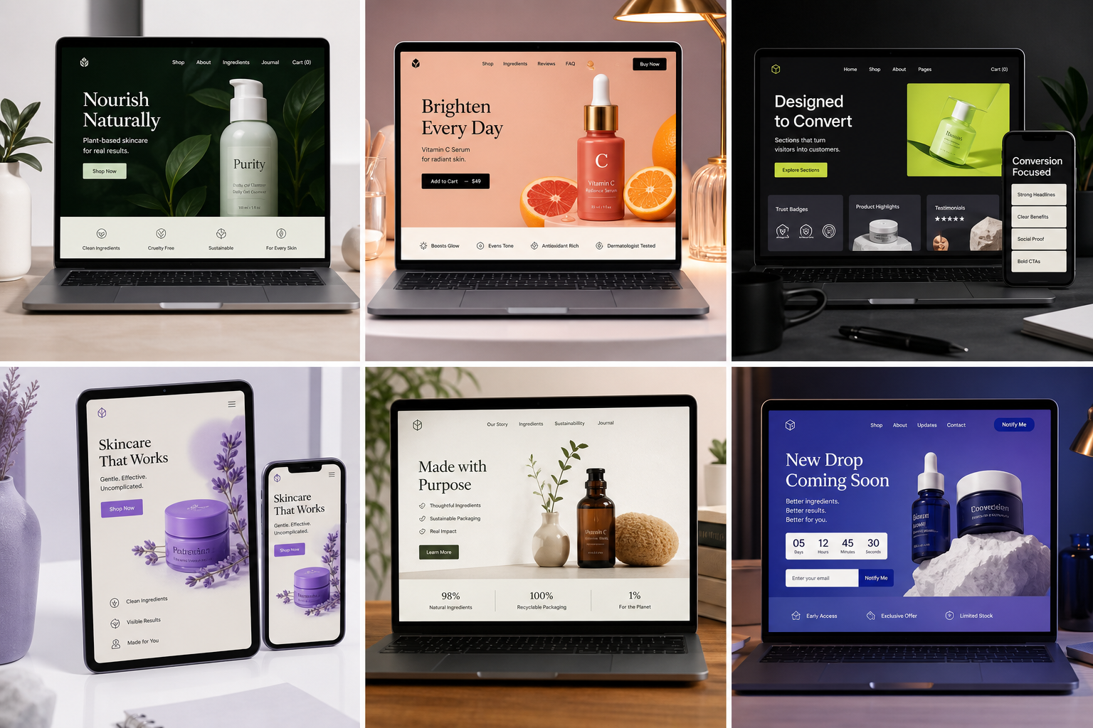 Modern web design layouts for Shopify, product landing pages and launch campaigns by Y Not Tony Design Studio