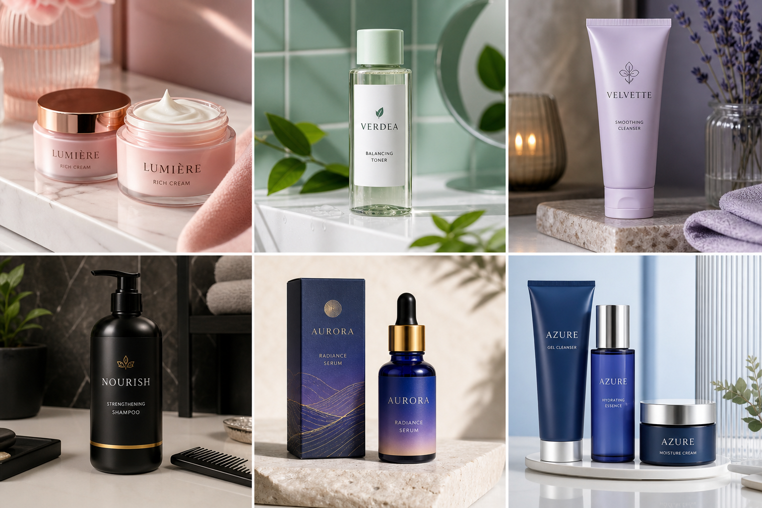 Modern cosmetic packaging design mockups for skincare, tubes, bottles and beauty ranges by Y Not Tony Design Studio