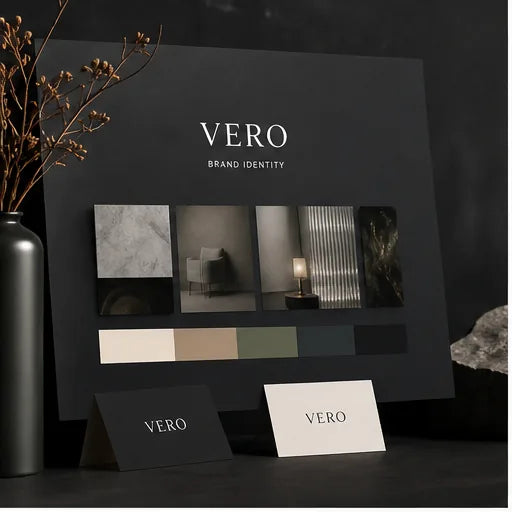 Brand identity board showing a coordinated wordmark, colour, typography and image system