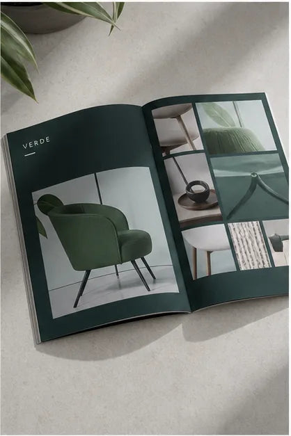 Open product brochure with a structured editorial hierarchy and brand-led imagery
