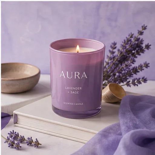 Premium beauty and candle product lifestyle composition with controlled lighting
