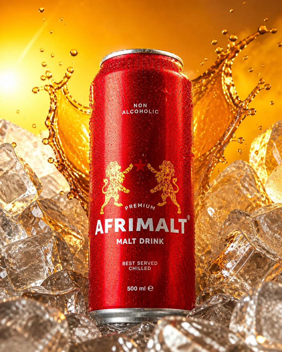 Front-facing AFRIMALT 500 millilitre malt drink can in ice