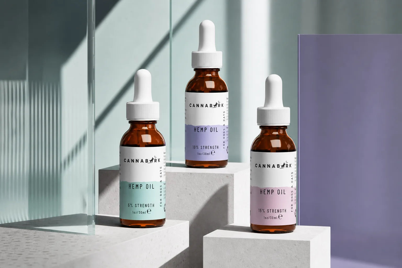 Front-facing Cannabark CBD dog supplement bottle range