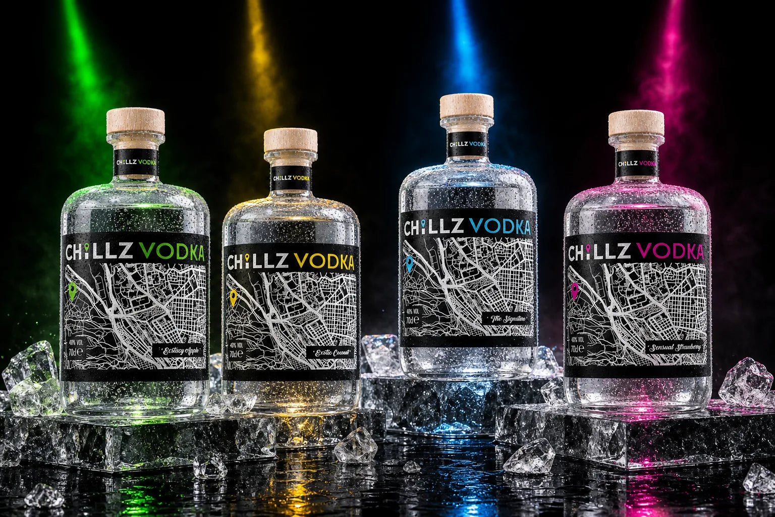 Front-facing CHILLZ VODKA four-flavour bottle range on ice