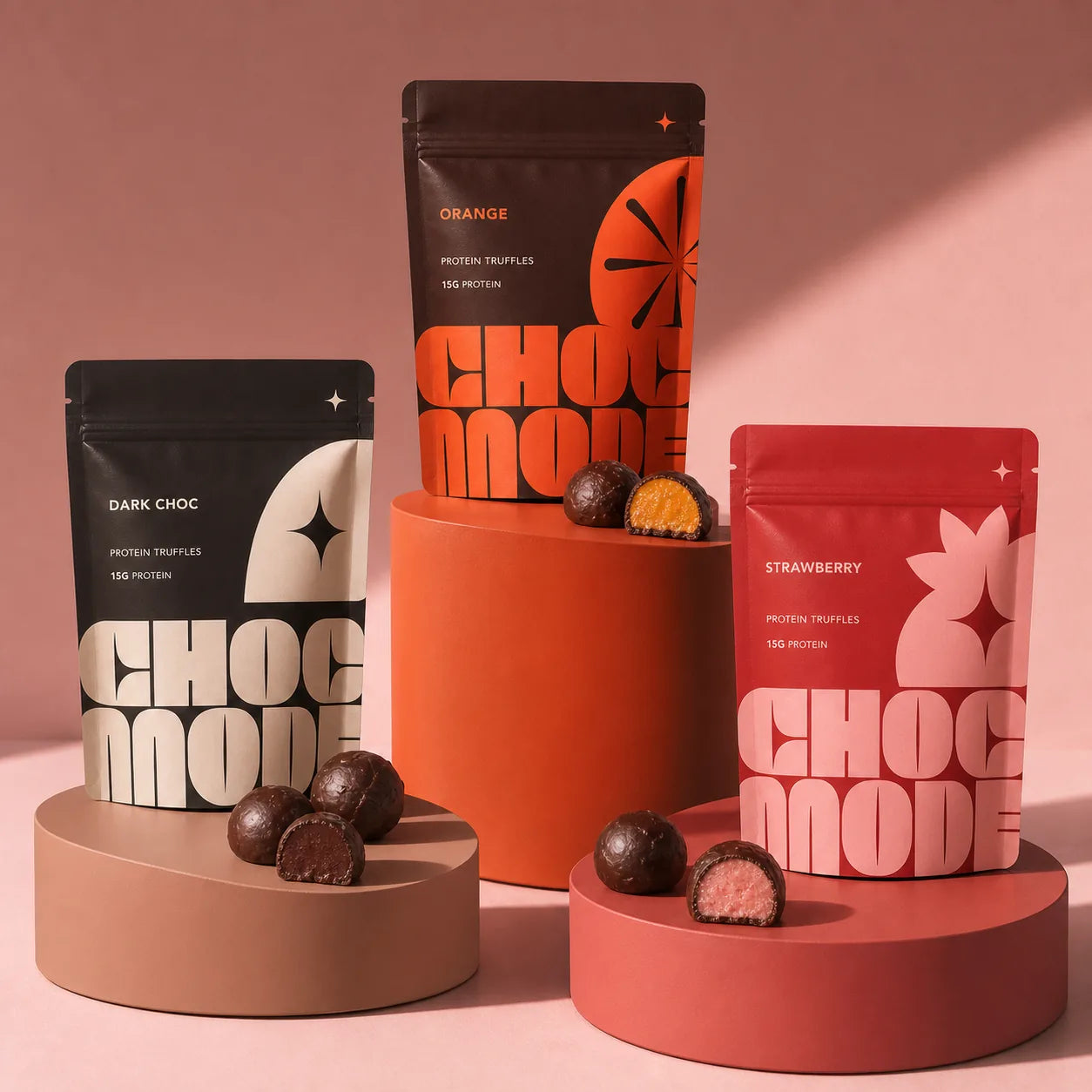 Front-facing CHOC MODE protein truffle pouch range