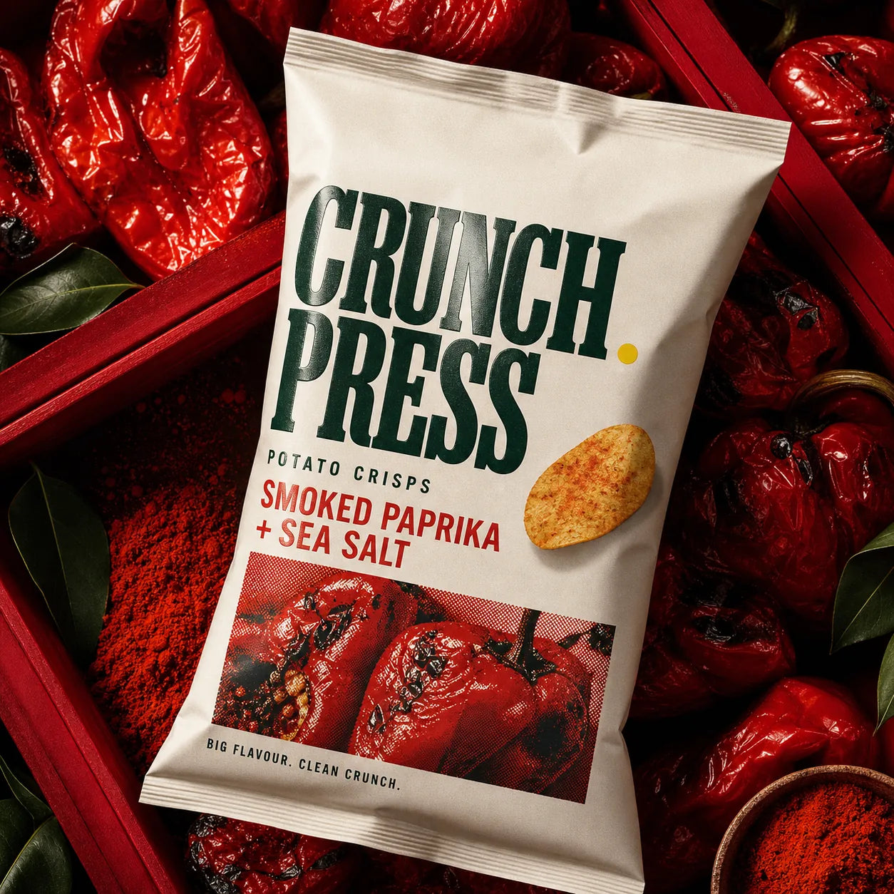 Front-facing CRUNCH PRESS smoked paprika crisp bag