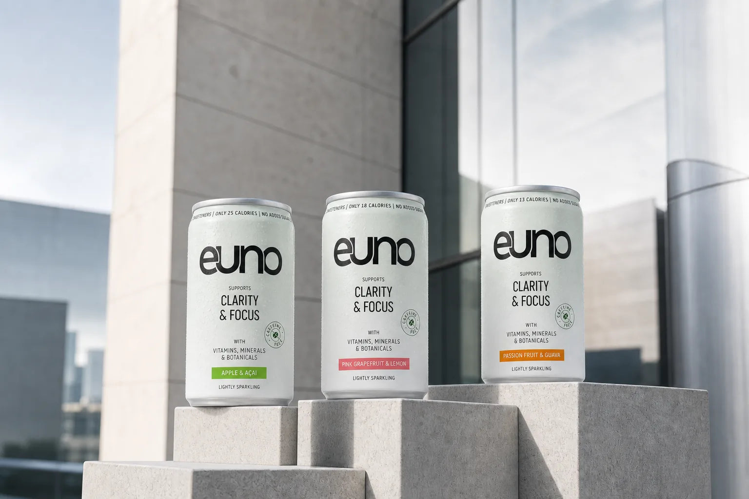 Front-facing Euno functional drink three-flavour can range
