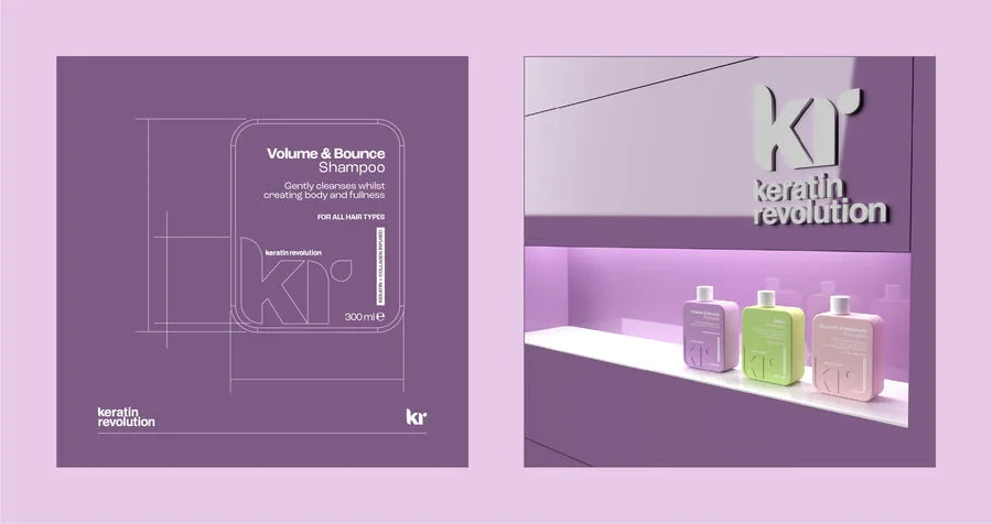 Front-facing Keratin Revolution haircare bottle packaging