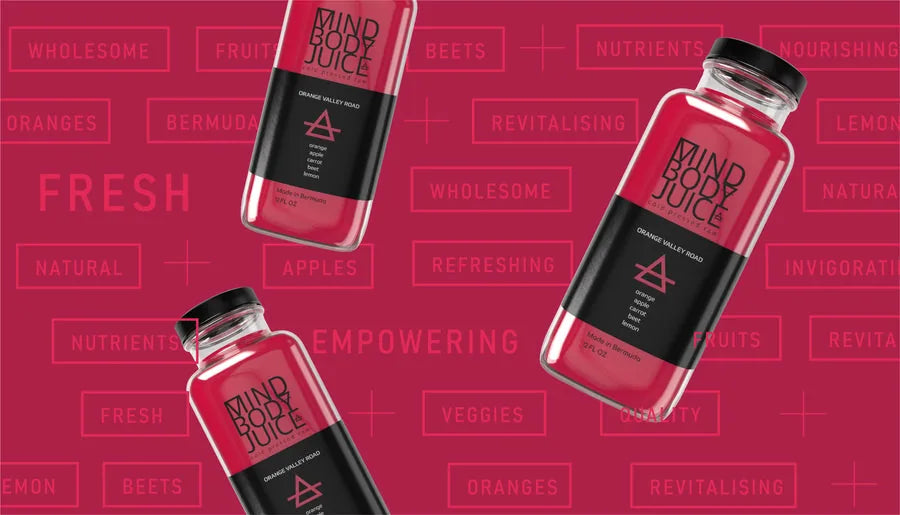 Front-facing Mind Body Juice bottle label range