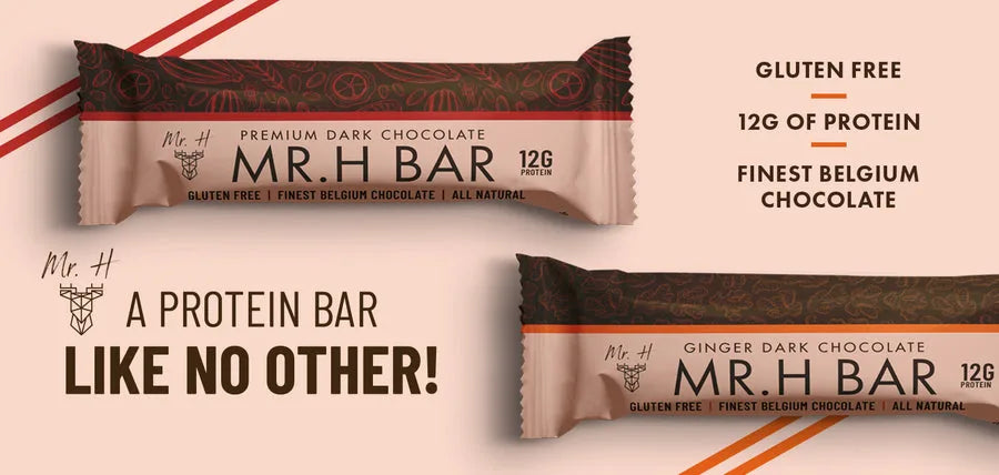 Front-facing Mr H protein bar packaging