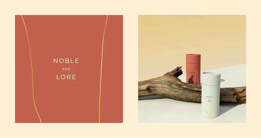 Front-facing Noble and Lore CBD wellness packaging