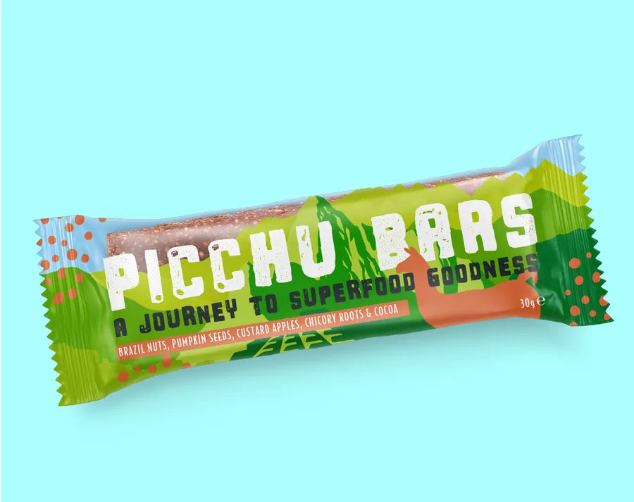 Front-facing Picchu superfood bar packaging