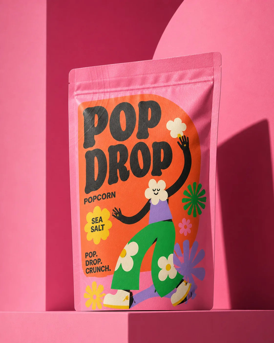 Front-facing POP DROP popcorn pouch packaging