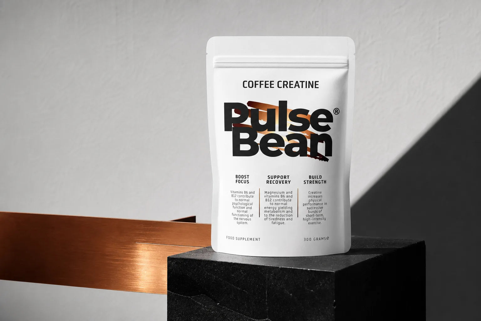 Front-facing PULSE BEAN coffee and creatine packaging