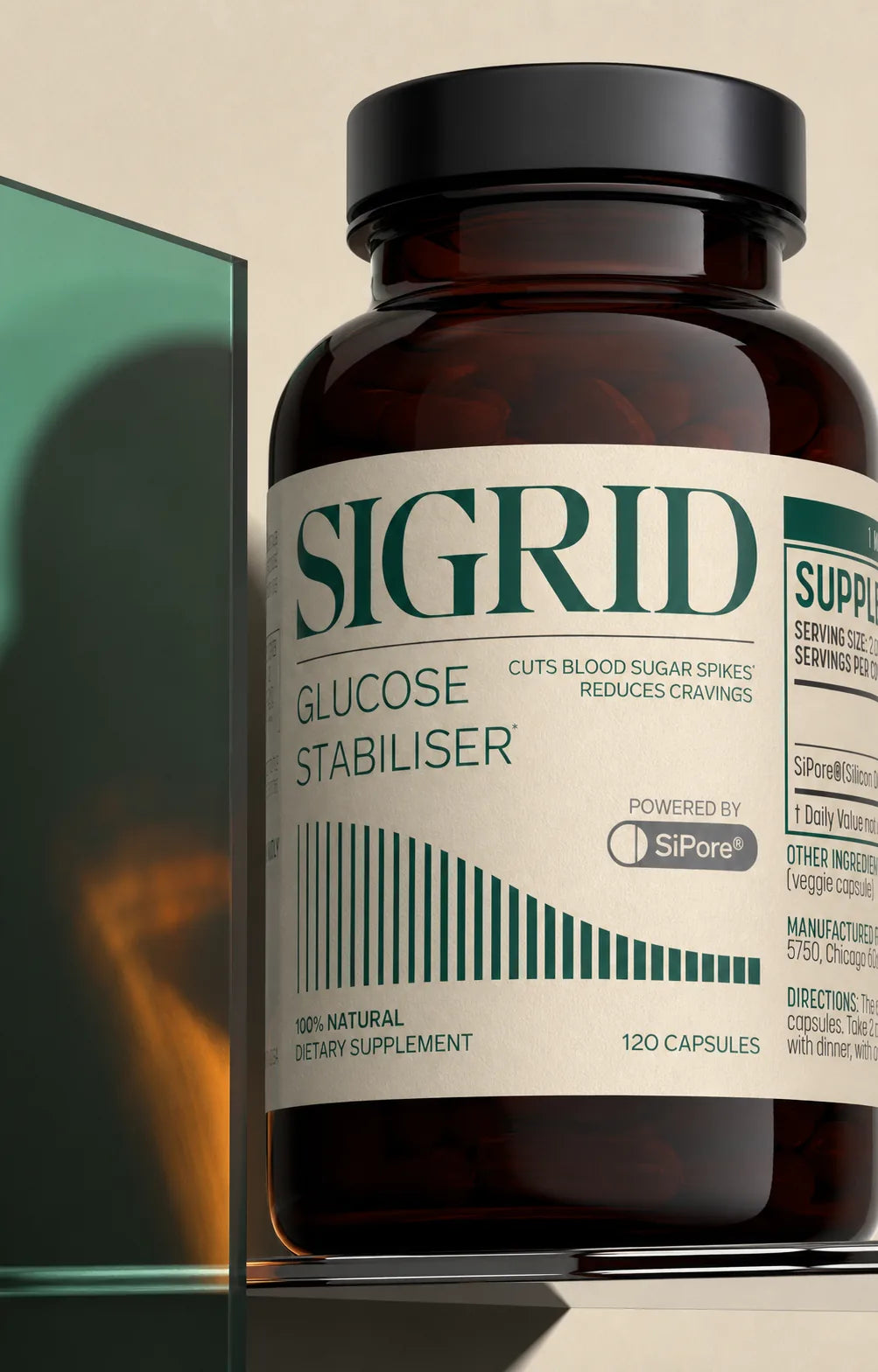Front-facing SIGRID supplement bottle packaging and 3D rendering