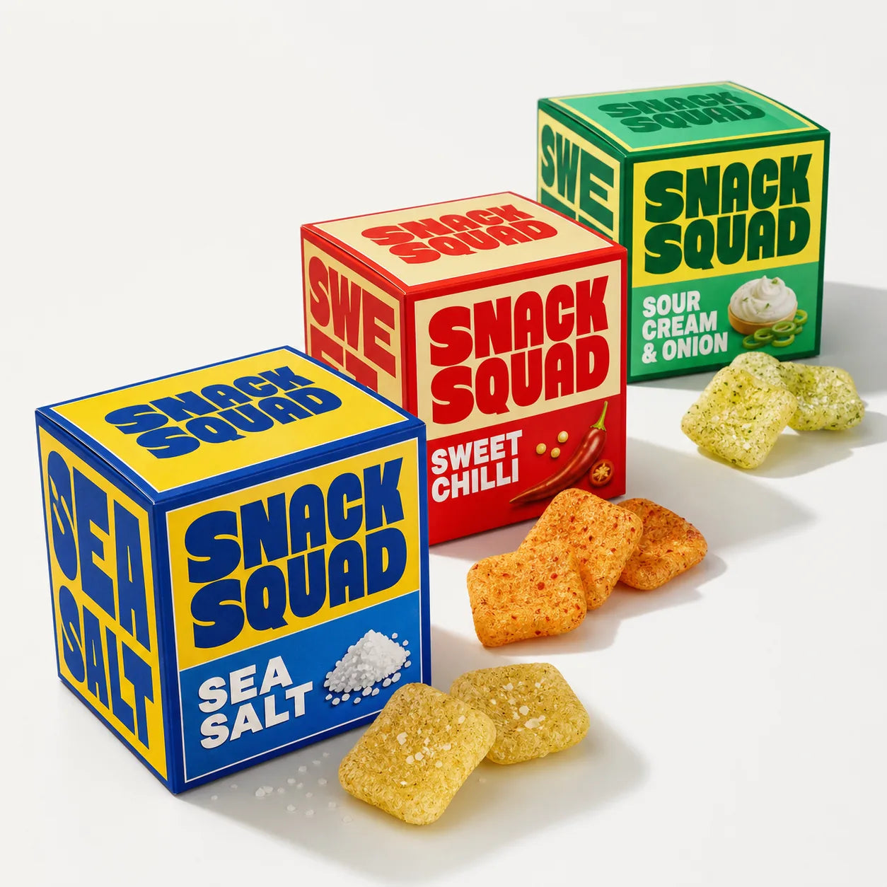 Front-facing SNACK SQUAD multi-flavour packaging range