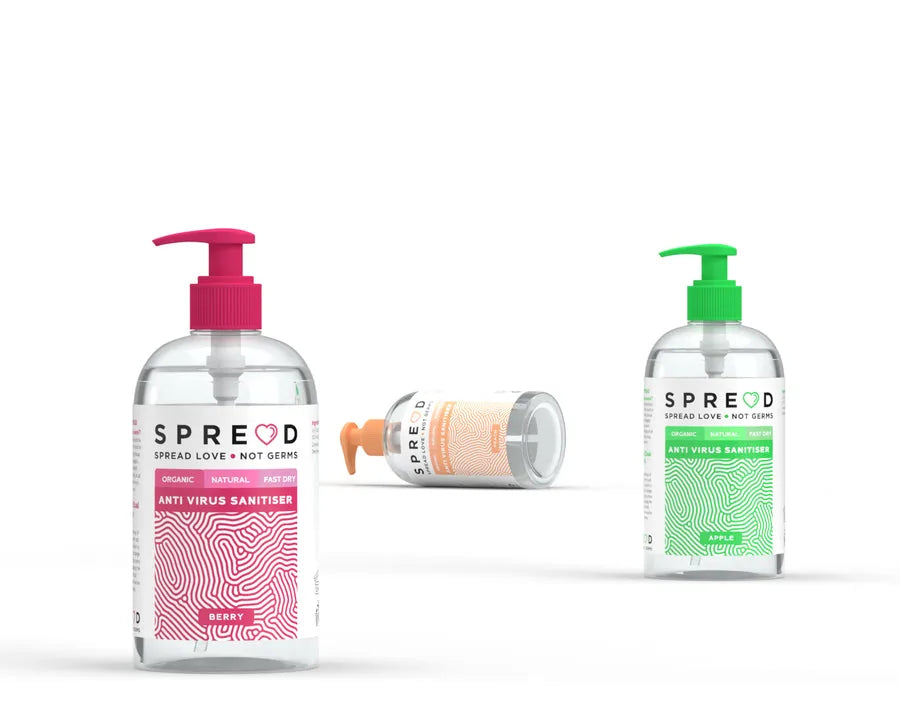 Front-facing Spread hand sanitiser packaging range