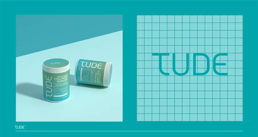 Front-facing Tude Nutrition supplement packaging