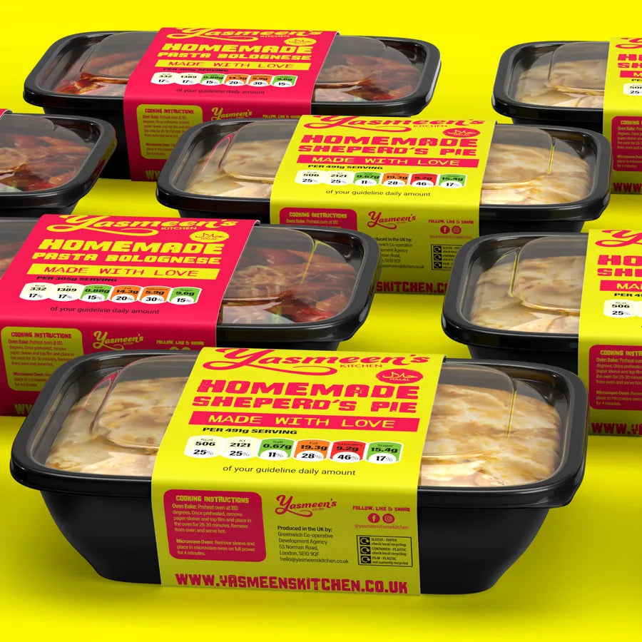 Front-facing Yasmeen's Kitchen ready-meal sleeve packaging