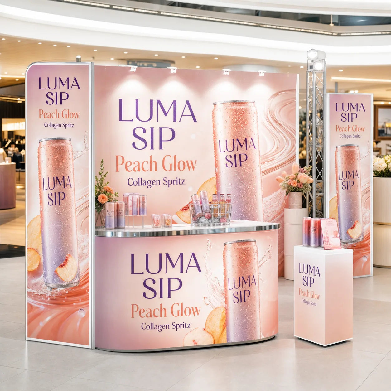Coordinated product launch stand graphics with multiple vertical banner messages