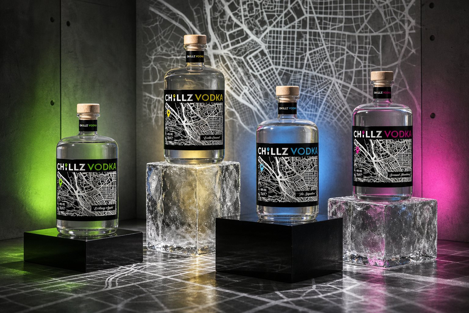 Front-facing Chillz Vodka four-label bottle range