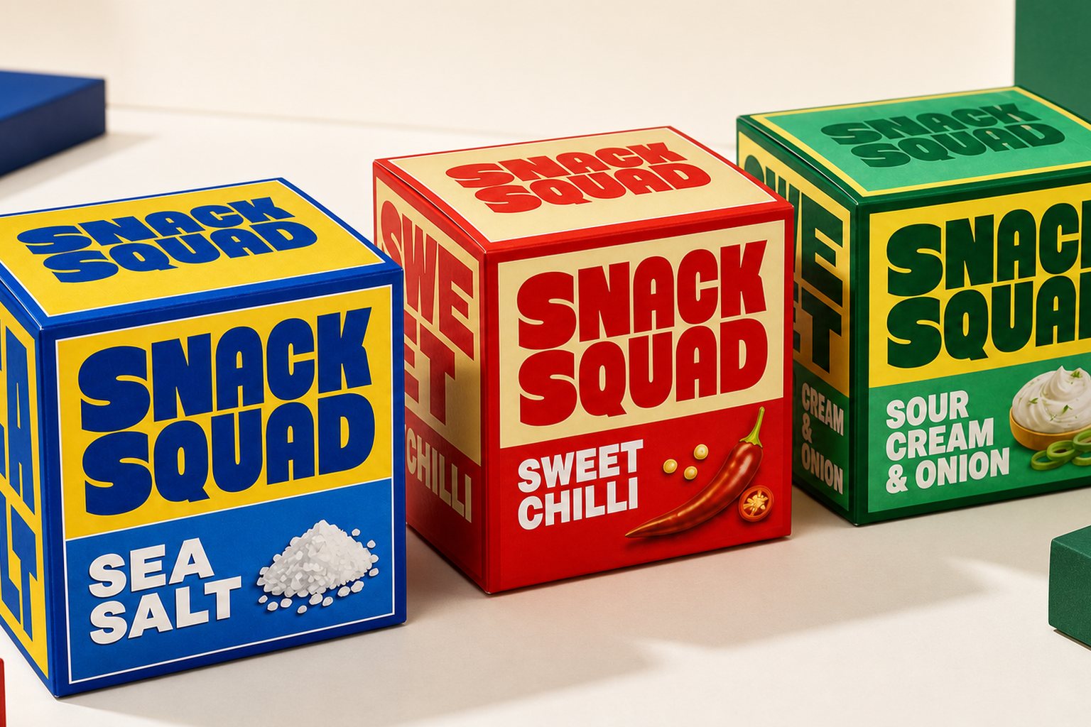 Close front-facing view of Snack Squad folding carton packaging