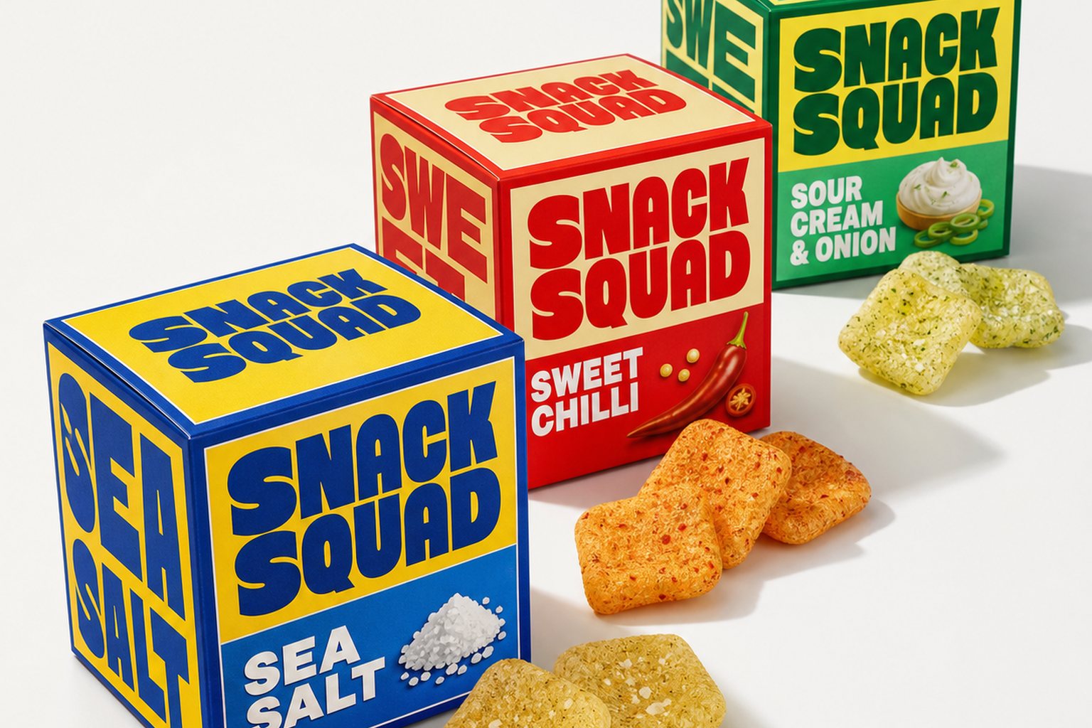Front-facing Snack Squad multi-flavour product box range