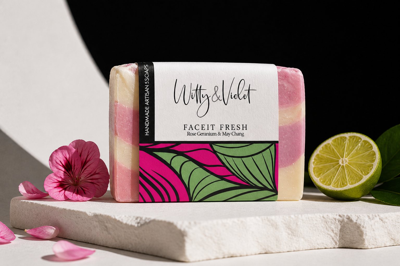 Front-facing Witty and Violet Faceit Fresh beauty soap packaging