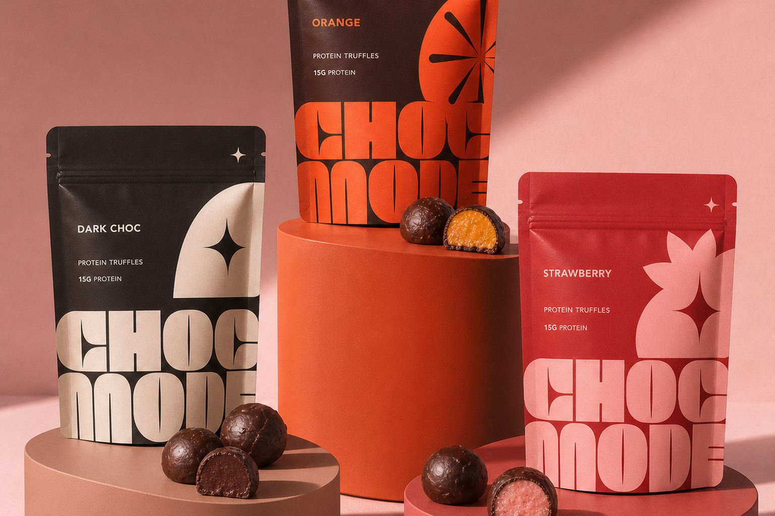 Front-facing Choc Mode protein truffle pouch range